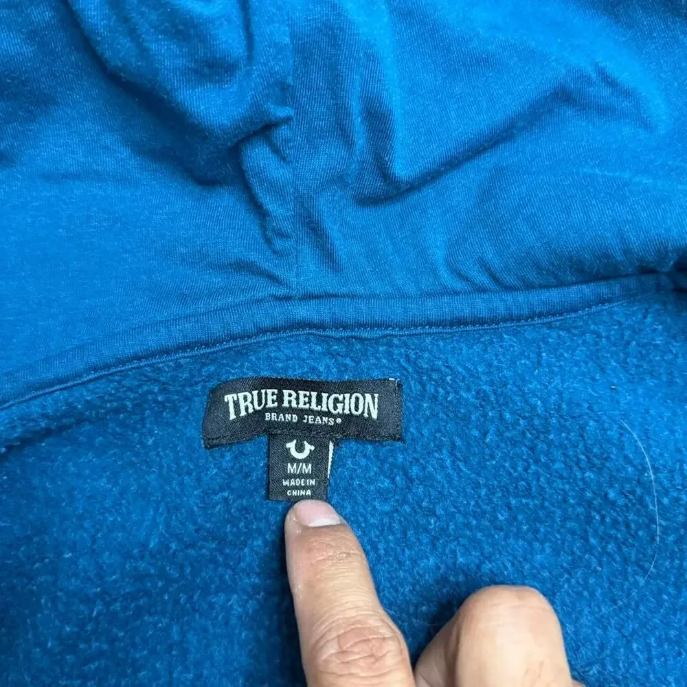 True Religion Blue Zip Hoodie Graphic Logo Sweatshirt Mens Medium